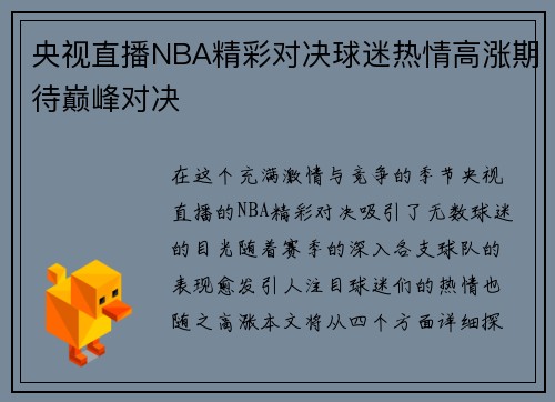 央视直播NBA精彩对决球迷热情高涨期待巅峰对决